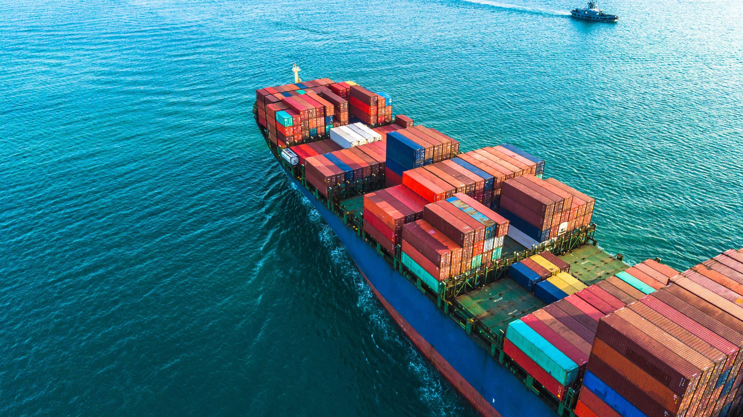 Aerial view of freight ship on the ocean