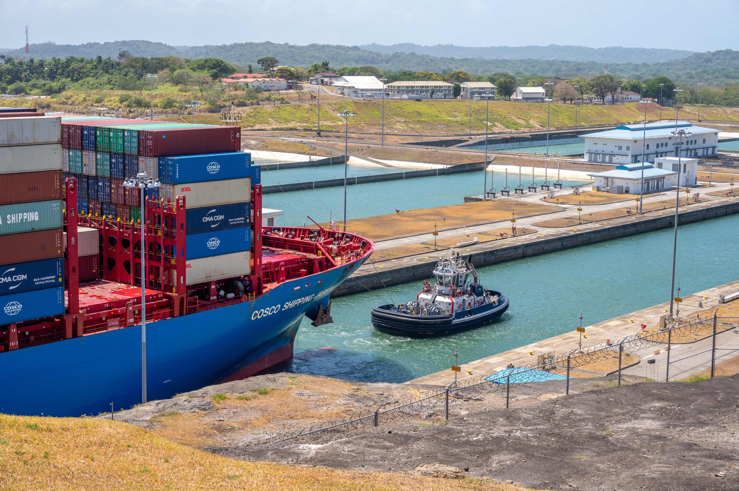 A picture of a shipping freight entering the Panama Canal